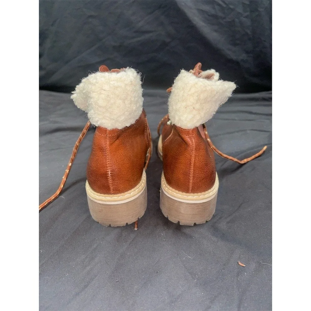Petit Nord Teens's Brown Sherpa Lined Hiker Ankle Boots Lace Up Side Zip‎ Size 3